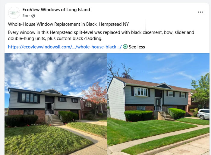 Facebook post by EcoView Windows of Long Island: Whole-House Window Replacement in Black, Hempstead NY, with before and after photos